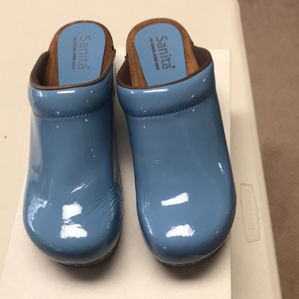 Sanita blue patent leather open back clogs, size 37